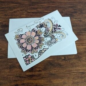 🌻 5/$20 Handmade Floral Zentangle Card- Pink, Orange & Black-Happy Anniversary